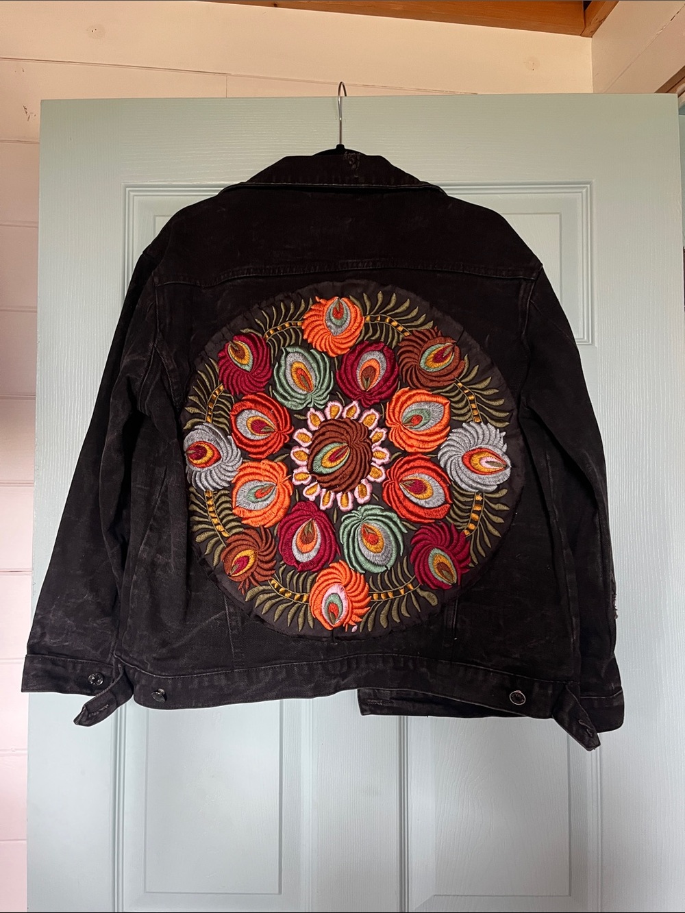 Distressed Black Denim Embroidered Jacket L